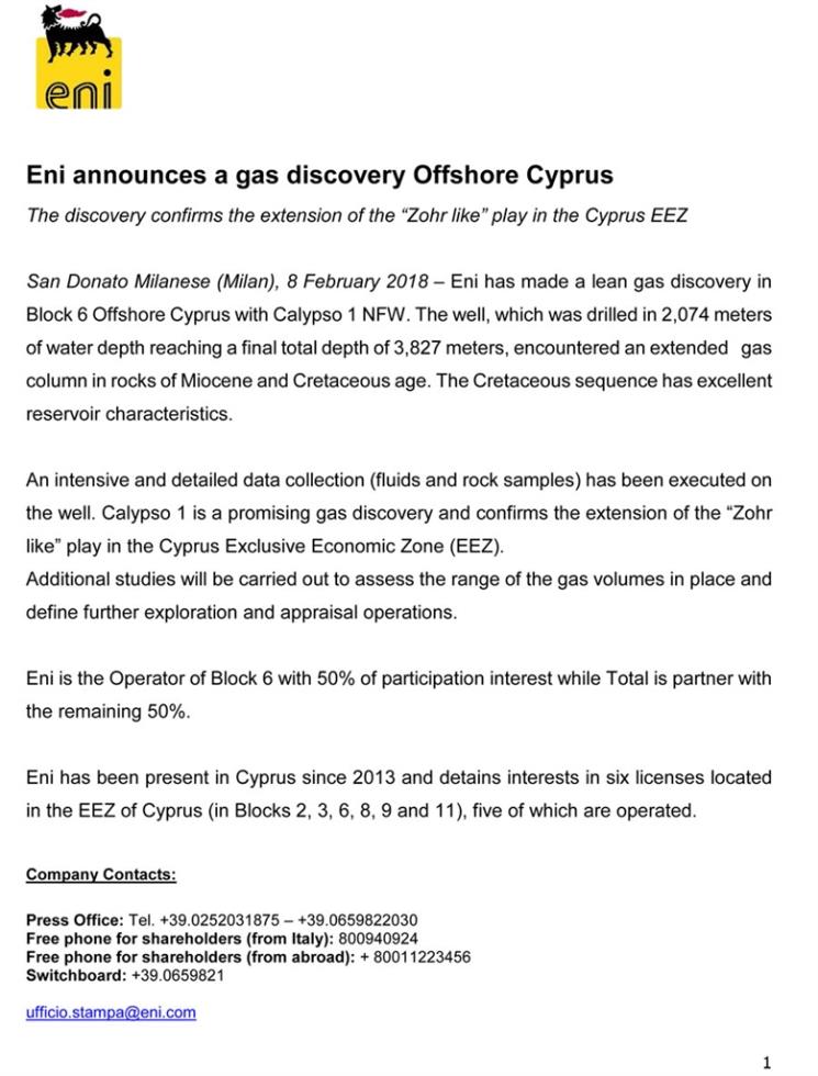 Eni announces a gas discovery Offshore Cyprus